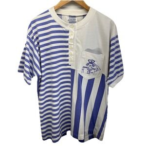 Vintage Embroidered Shirt, Sailor Striped Purple Button Up Women's Large